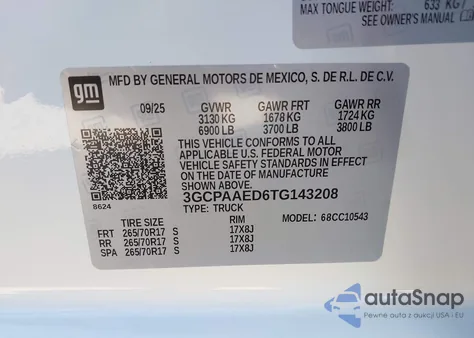 2026 Chevrolet Silverado 1500 2Wd Short Bed Wt z USA, uszkodzony, nr VIN 3GCPAAED6TG143208
